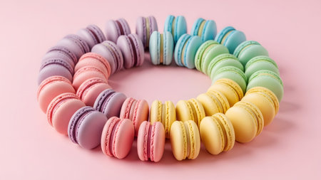 Background showing rainbow colored french macarons forming a circle on pink background.の写真素材