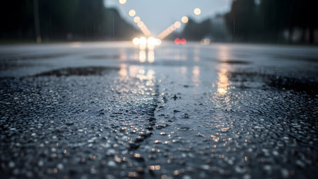 A dark, wet asphalt road reflects blurred city lights and car headlights during a rain shower at...の写真素材