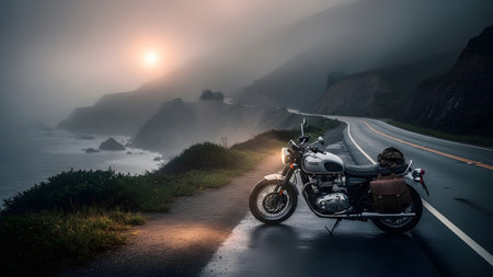 Haze showing silver motorcycle parked on a misty coastal road overlooking the ocean at sunrise...の写真素材