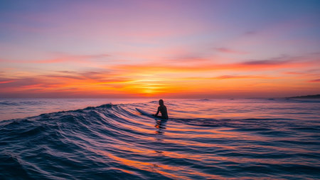 Surfboard showing silhouette of surfer on surfboard in ocean with dramatic sunset and colorful...