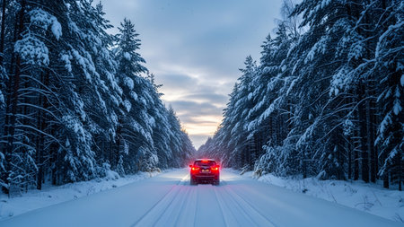 A red SUV navigates a snow-covered road in a dense pine forest, its brake lights glowing in the...の写真素材