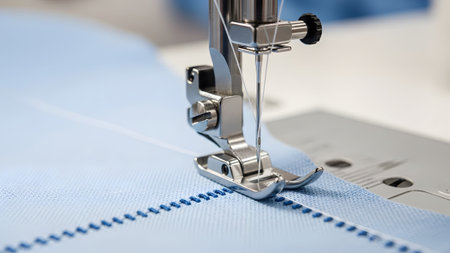 Needle showing sewing machine needle and presser foot stitching blue fabric with white thread...