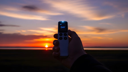 Remote showing remote control held in hand displaying the word day against a vibrant sunset sky...の写真素材