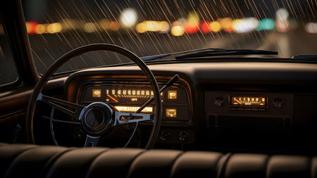 Retro showing retro car dashboard with illuminated gauges and steering wheel in rainy night...の写真素材