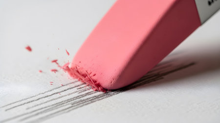 Lines showing pink eraser with metal ferrule erasing graphite lines from white paper close-up....の写真素材