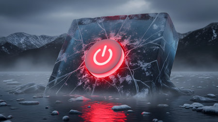 Symbol showing red power button symbol embedded in large ice formation in a cold landscape.