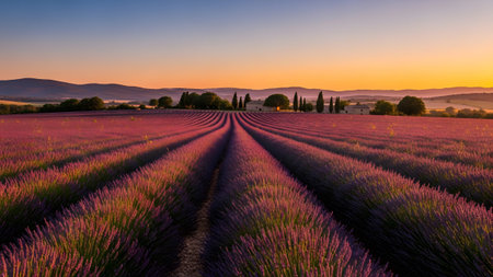 Endless rows of blooming purple lavender stretch towards rolling hills under a warm sunrise sky.