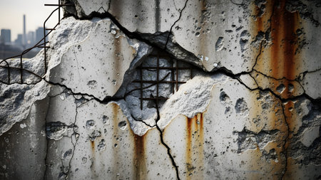 Exposed showing severely damaged concrete wall with exposed rebar and rust stains.