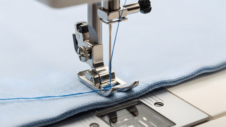 A sewing machine needle and blue thread are actively stitching a seam on a textured light blue...