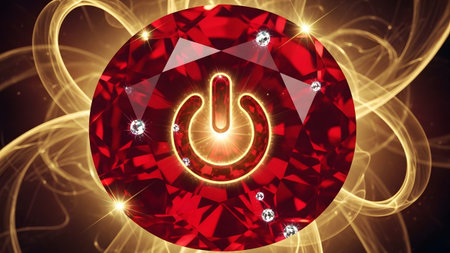 A vibrant red ruby gemstone featuring a power symbol and small diamonds, set against a backdrop...