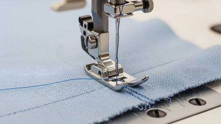 Needle showing sewing machine needle and presser foot stitching blue fabric with blue thread...