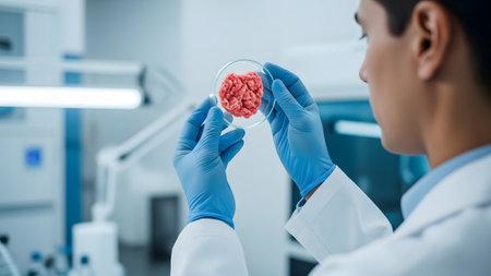 A researcher wearing blue gloves examines a petri dish containing a pinkish brain-like tissue...
