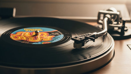 A close-up of a vintage turntable playing a black vinyl record featuring a bright yellow and...
