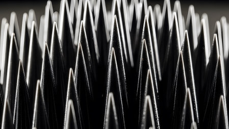 Abstract showing rows of sharp black and white ferrofluid spikes forming a geometric abstract...の写真素材