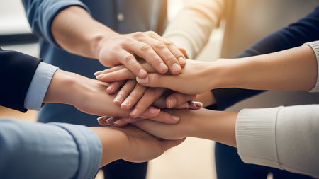 Overhead view of diverse hands piled on of each other symbolizing unity and teamwork....の写真素材