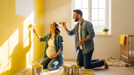 Painting showing pregnant couple kneeling painting nursery yellow walls with paint rollers happy...の写真素材