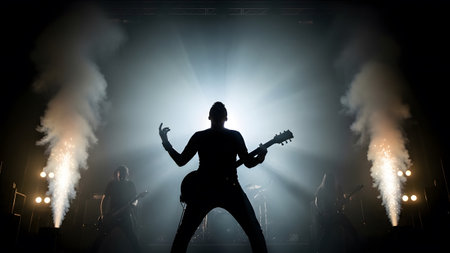 Guitar showing rock concert silhouette with guitarist playing electric guitar and pyrotechnics...の写真素材