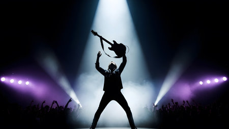 Purple showing silhouette of a triumphant guitarist holding guitar aloft on a concert stage with...