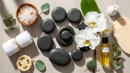 Towel showing spa massage hot stones, white orchids, rolled towel, bath salts, and oil arranged...