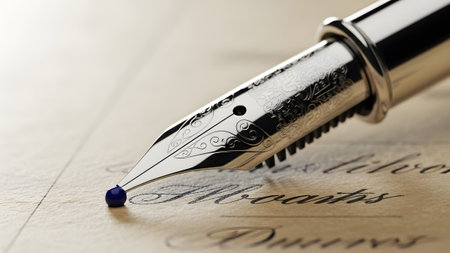 Silver showing silver fountain pen tip with blue ink droplet on handwritten text.