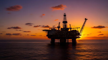 The silhouette of an offshore oil rig is set against a vibrant orange and purple sunset sky over...