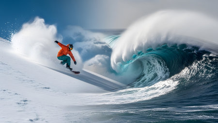 Stock showing snowboarder on snowy slope next to a massive ocean wave crashing. resolution...