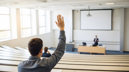 Projector showing student raising hand in lecture hall with projector screen and tiered seating....の写真素材