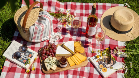 A high-angle view of a red and white checkered blanket laid out on green grass with picnicの写真素材