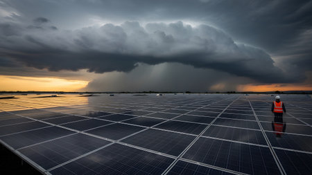 (3477) showing solar panels under a dramatic storm cloud with a lone worker. resolution...