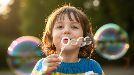 A smiling child wearing a blue and yellow sweater blows iridescent bubbles with a wand in an...