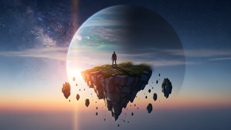 A person's silhouette stands on a grassy floating island against a dramatic sunset sky and a...の写真素材