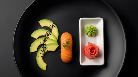 (3369) showing sushi presentation with salmon nigiri, sliced avocado, and condiments on black...