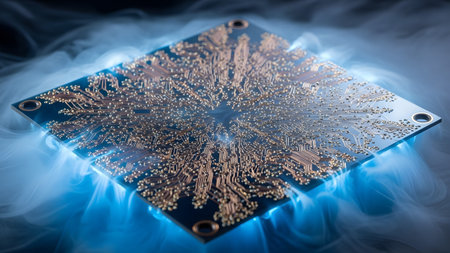 Computer showing square computer processor chip with radiating gold circuit lines and blue mist....