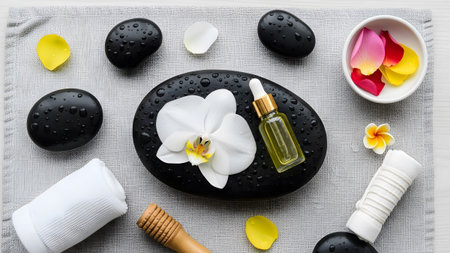 With showing spa wellness arrangement with black hot stones white orchid and essential oil...