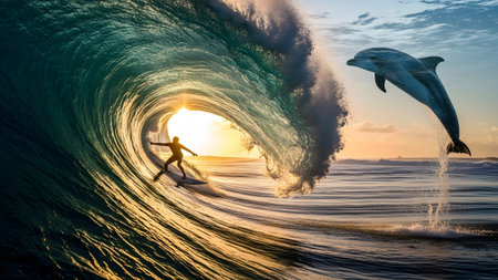 Large showing surfer riding a large ocean wave with a dolphin jumping out of the water.