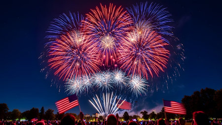 Blue showing spectators observing a large red and blue fireworks show against a dark blue...の写真素材