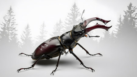 Faint showing stag beetle with large mandibles on white background with faint forest silhouette....