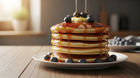 Stack showing stack of golden brown pancakes with melting butter and dripping maple syrup topped...