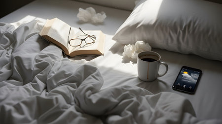 A rumpled white bed with an open book, glasses, coffee mug, and smartphone illuminated by...の写真素材