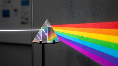 A glass prism splits white light into a vivid rainbow spectrum against a dark, textured surface.