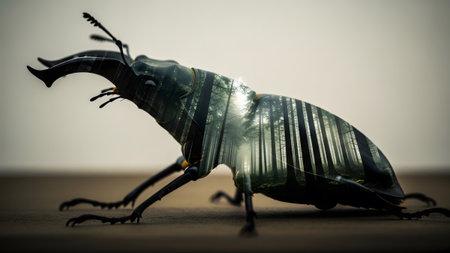 Wooden showing stag beetle with forest overlay on wooden surface against white background.の写真素材