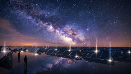 Light showing solar farm under the milky way with two silhouettes and light beams.