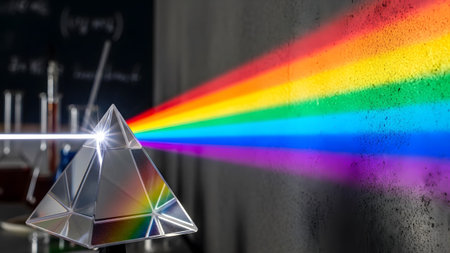A glass triangular prism splits a white light beam into a vivid rainbow spectrum against a dark,...