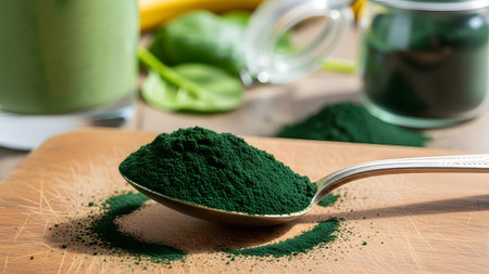 A spoon holds dark green spirulina powder on a wooden board with blurred spinach and a green...の写真素材