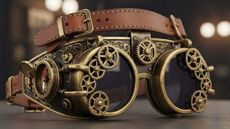 Gears showing steampunk goggles with intricate brass gears and a compass on a leather strap....の写真素材