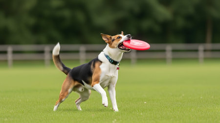 Green showing tri-colored dog running on green grass with a red frisbee in its mouth outdoors....の写真素材