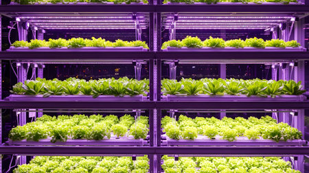 Purple showing vertical indoor farm with rows of bright green lettuce under purple led grow...の写真素材