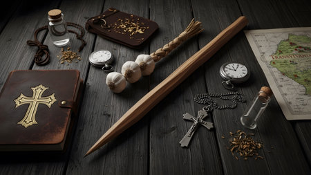 Transylvania showing vampire hunting essentials including garlic cross and map of transylvania....