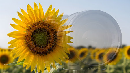 A bright yellow sunflower is overlaid with a camera lens, with a blurred field of sunflowers in...の写真素材