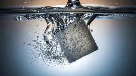 Creating showing sugar cube splashing into water creating a dramatic splash and ripples with...の写真素材